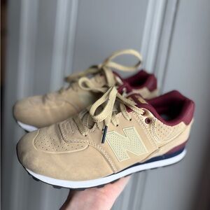2Y Boys New Balance 574 Tan and Maroon Sneakers